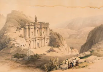 Litografía de David Roberts. El Deir ( El Monastério ) en la ciudad Nabatéa de Petra.